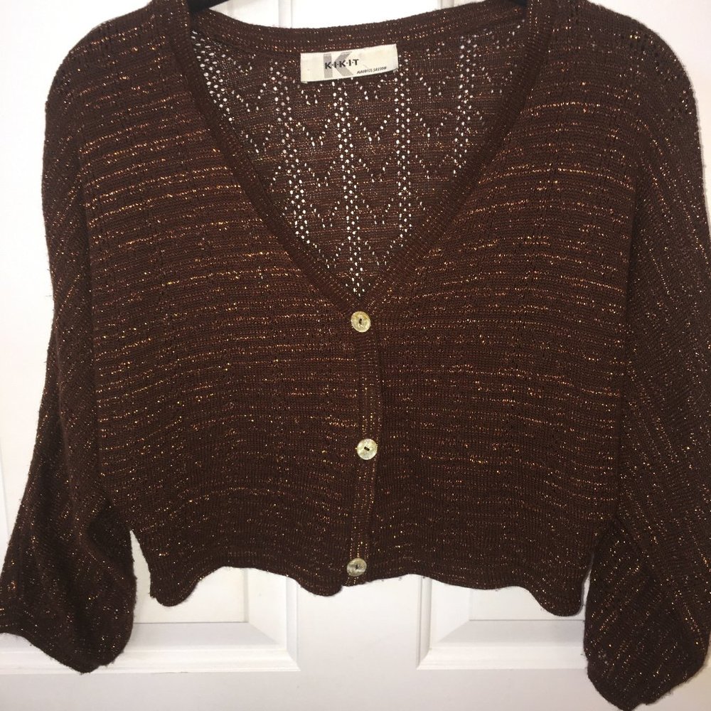 KIKIT Pointelle Cropped Copper Dolman Sweater